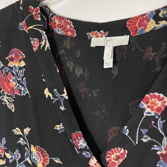 JOIE Silk V neck ruffle mini floral black tunic dress size Small - Picture 2 of 5